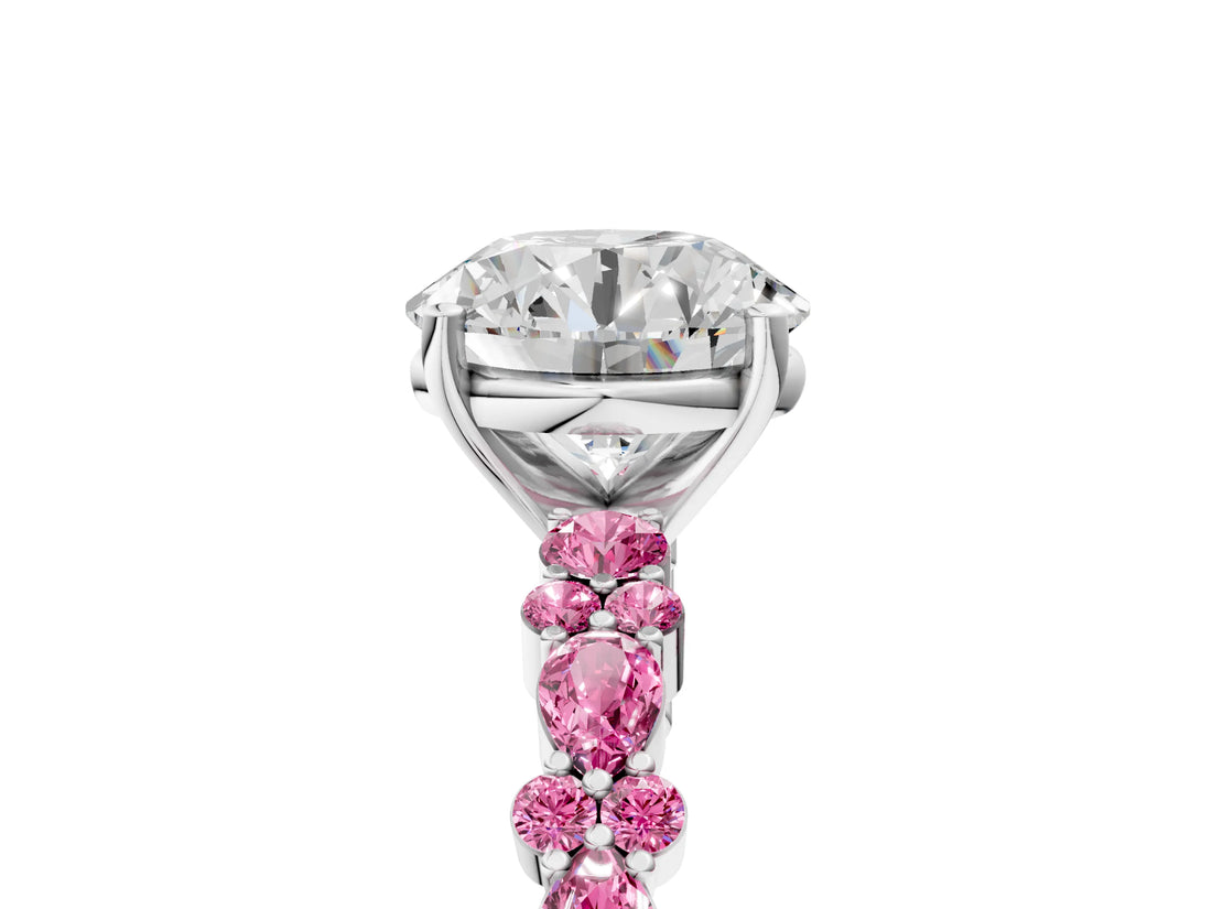 White gold Round Cut Diamond Side Stone Solitaire Ring with Round with Pink Sapphire side stone and Four-Prong Setting_59