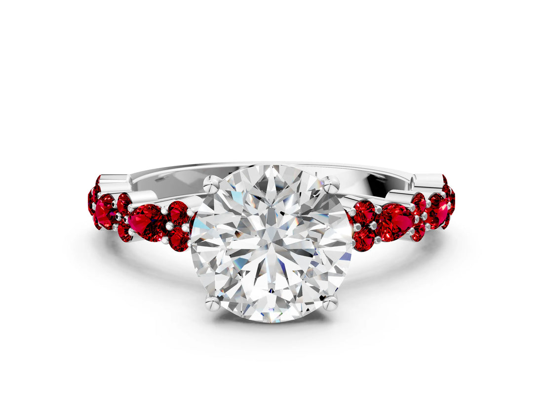 White gold Round Cut Diamond Side Stone Solitaire Ring with Round with Ruby side stone and Four-Prong Setting
