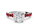 White gold Round Cut Diamond Side Stone Solitaire Ring with Round with Ruby side stone and Four-Prong Setting