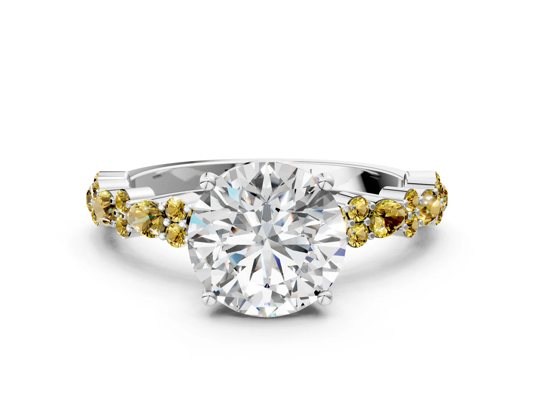 White gold Round Cut Diamond Side Stone Solitaire Ring with Round with Yellow Sapphire side stone and Four-Prong Setting