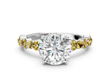 White gold Round Cut Diamond Side Stone Solitaire Ring with Round with Yellow Sapphire side stone and Four-Prong Setting