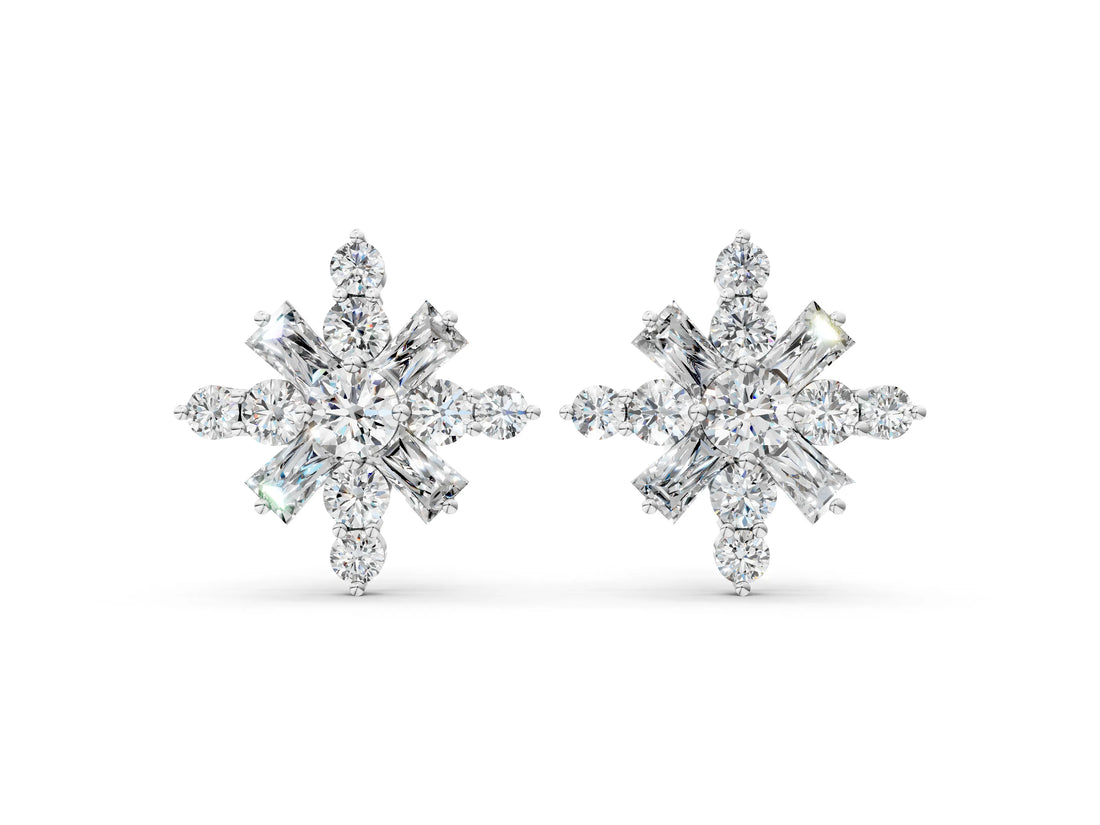 White gold Round Cut Diamond Snowflake Cluster Stud Earrings_50