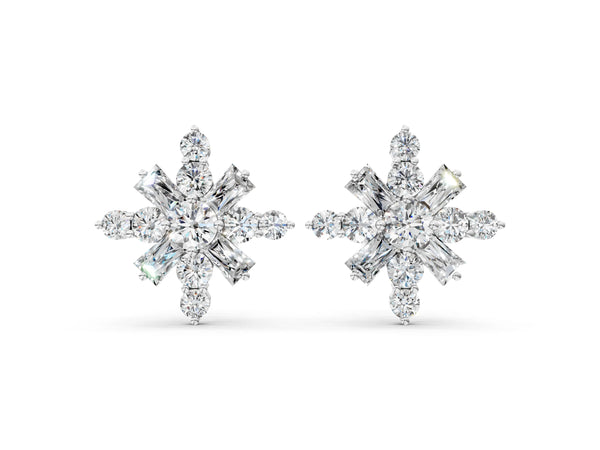 Silver Round Cut Diamond Snowflake Cluster Stud Earrings