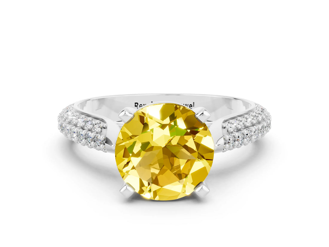 White gold Round Cut Diamond Solitaire Engagement Ring with Pavé Band and Four-Prong Setting
