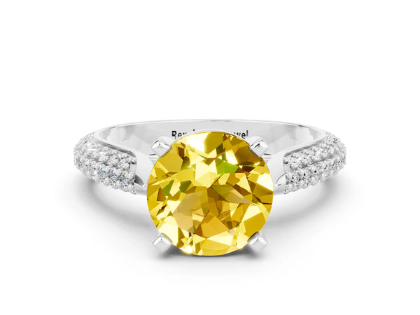Platinum Round Cut Yellow Sapphire Solitaire Engagement Ring with Multi-Row Round Pavé Band and Prong Setting