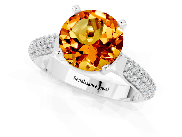 White gold Round Cut Citrine Solitaire Engagement Ring with Multi-Row Round Pavé Band and Prong Setting