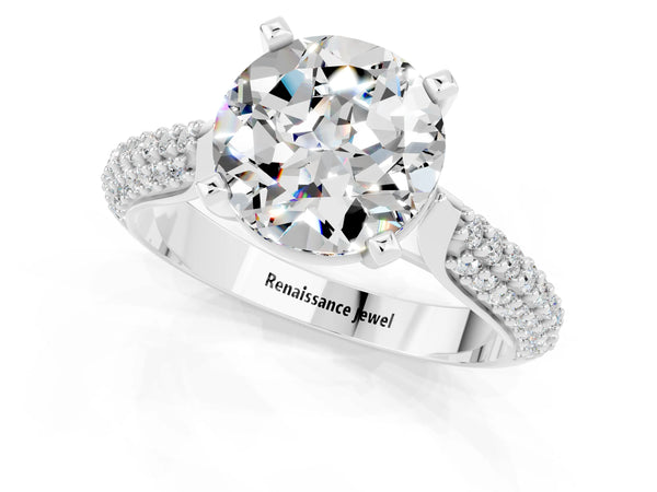 Silver Round Cut Moissanite Solitaire Engagement Ring with Multi-Row Round Pavé Band and Prong Setting