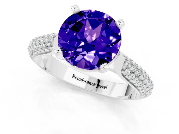 White gold Round Cut Tanzanite Solitaire Engagement Ring with Multi-Row Round Pavé Band and Prong Setting
