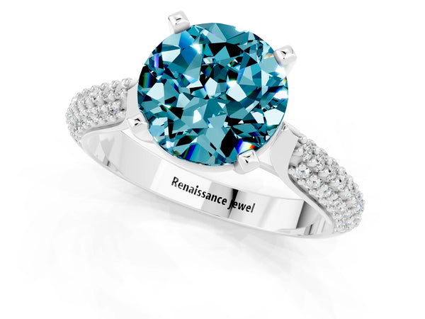 Platinum Round Cut Diamond Solitaire Engagement Ring with Pavé Band and Four-Prong Setting