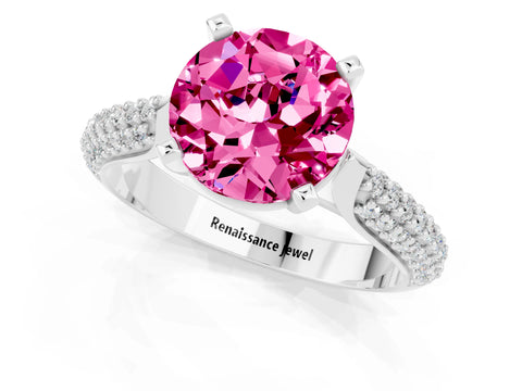 White gold Round Cut Diamond Solitaire Engagement Ring with Pavé Band and Four-Prong Setting_1