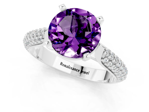 White gold Round Cut Amethyst Solitaire Engagement Ring with Multi-Row Round Pavé Band and Prong Setting