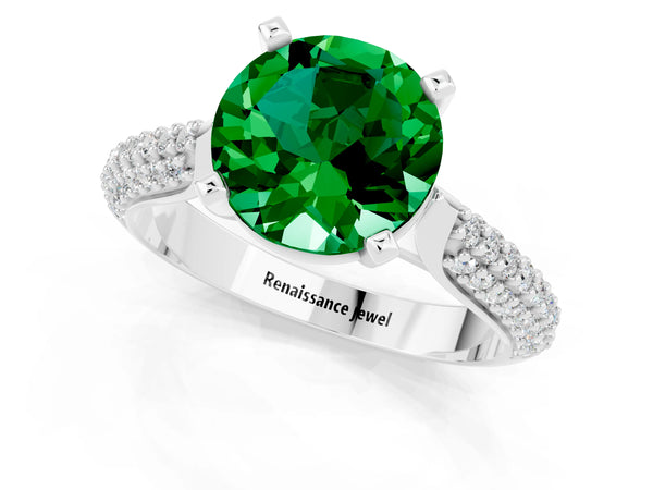 Platinum Round Cut Emerald Solitaire Engagement Ring with Multi-Row Round Pavé Band and Prong Setting