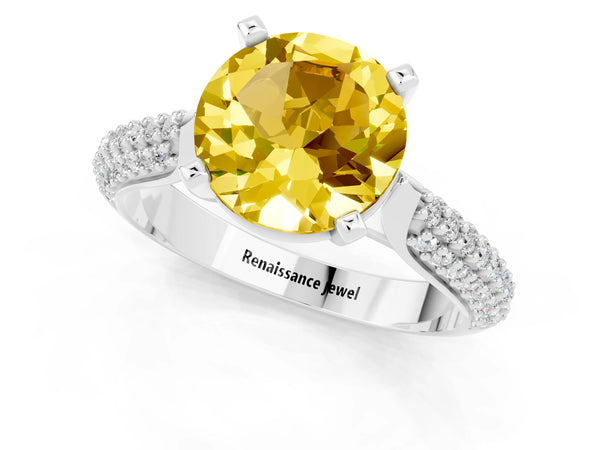 Silver Round Cut Yellow Sapphire Solitaire Engagement Ring with Multi-Row Round Pavé Band and Prong Setting