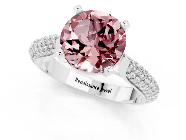White gold Round Cut Diamond Solitaire Engagement Ring with Pavé Band and Four-Prong Setting