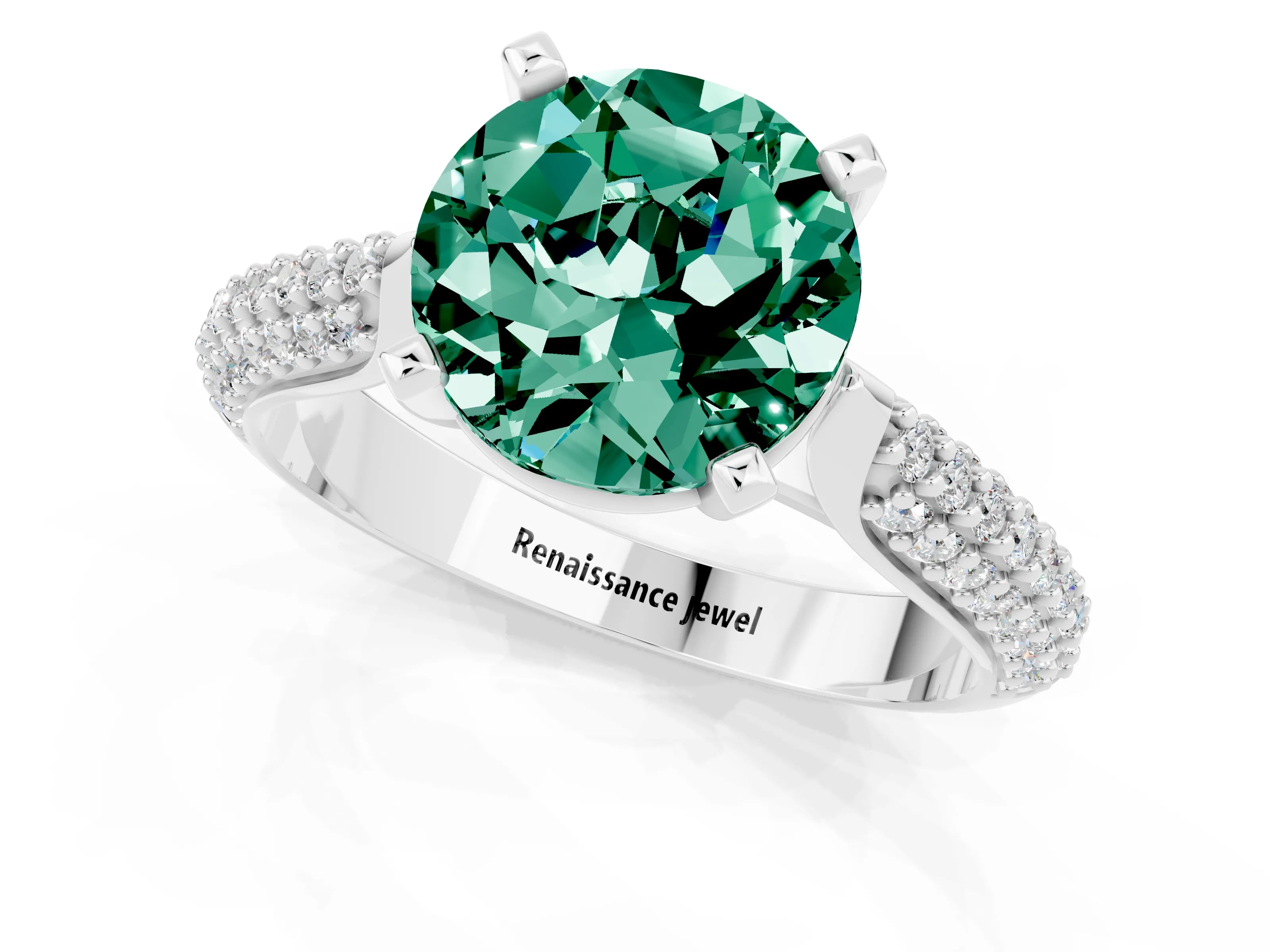White gold Round Cut Diamond Solitaire Engagement Ring with Pavé Band and Four-Prong Setting_1