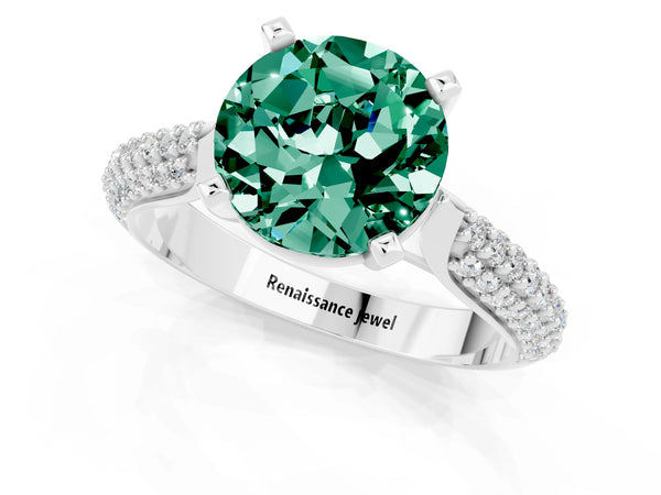 Platinum Round Cut Green Sapphire Solitaire Engagement Ring with Multi-Row Round Pavé Band and Prong Setting