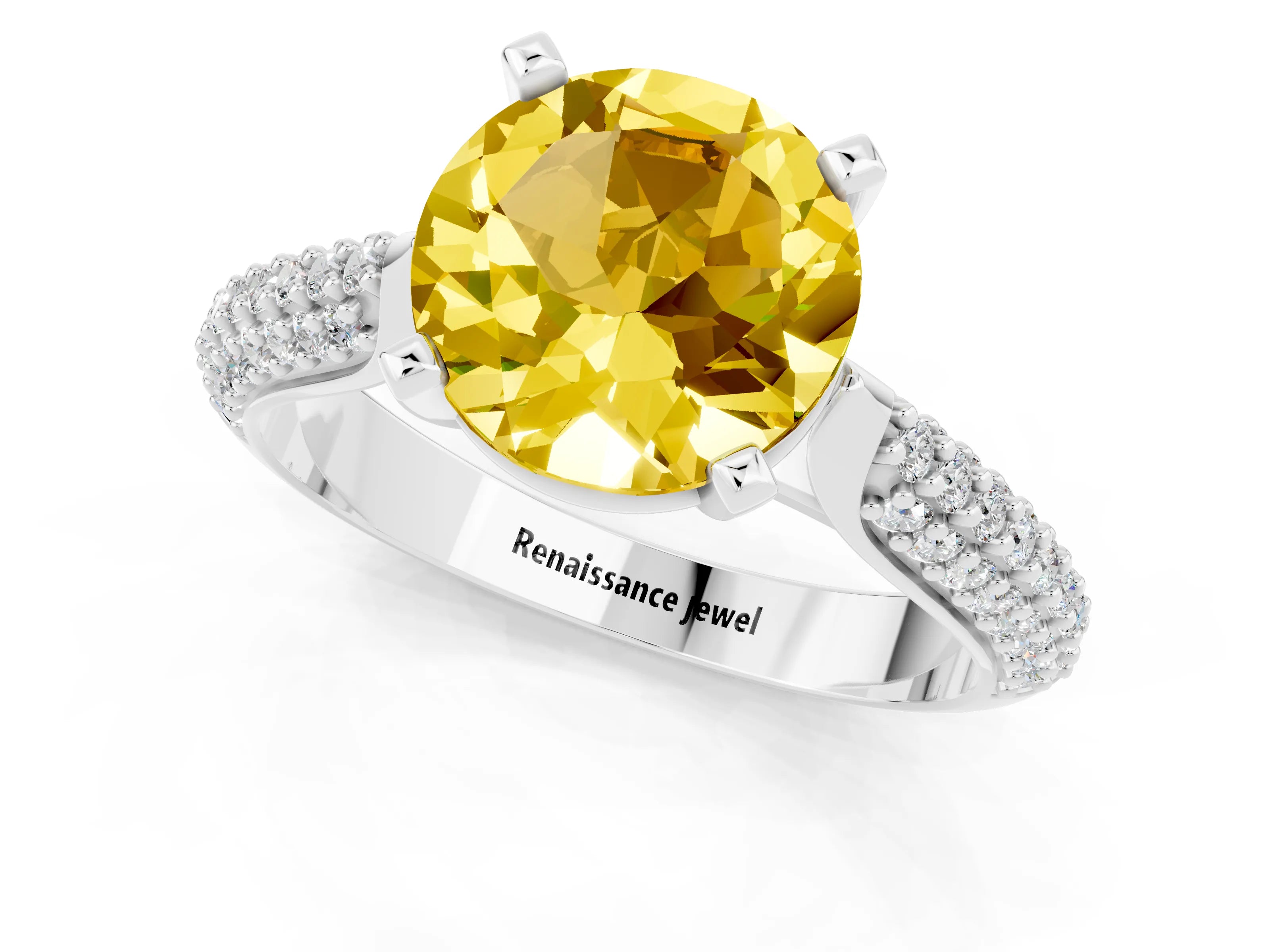White gold Round Cut Diamond Solitaire Engagement Ring with Pavé Band and Four-Prong Setting_1