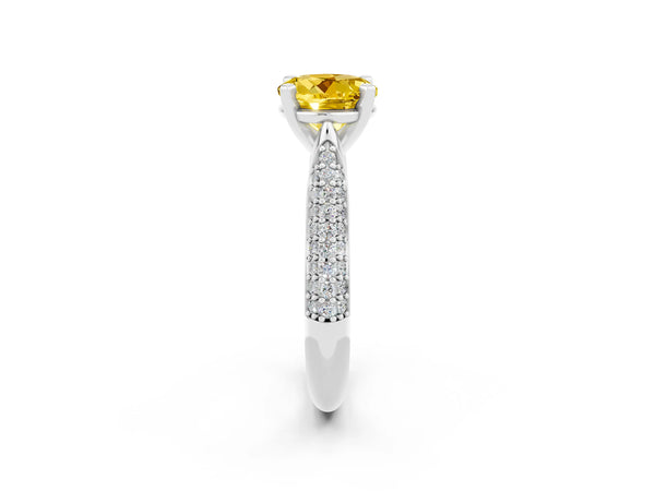 Platinum Round Cut Yellow Sapphire Solitaire Engagement Ring with Multi-Row Round Pavé Band and Prong Setting
