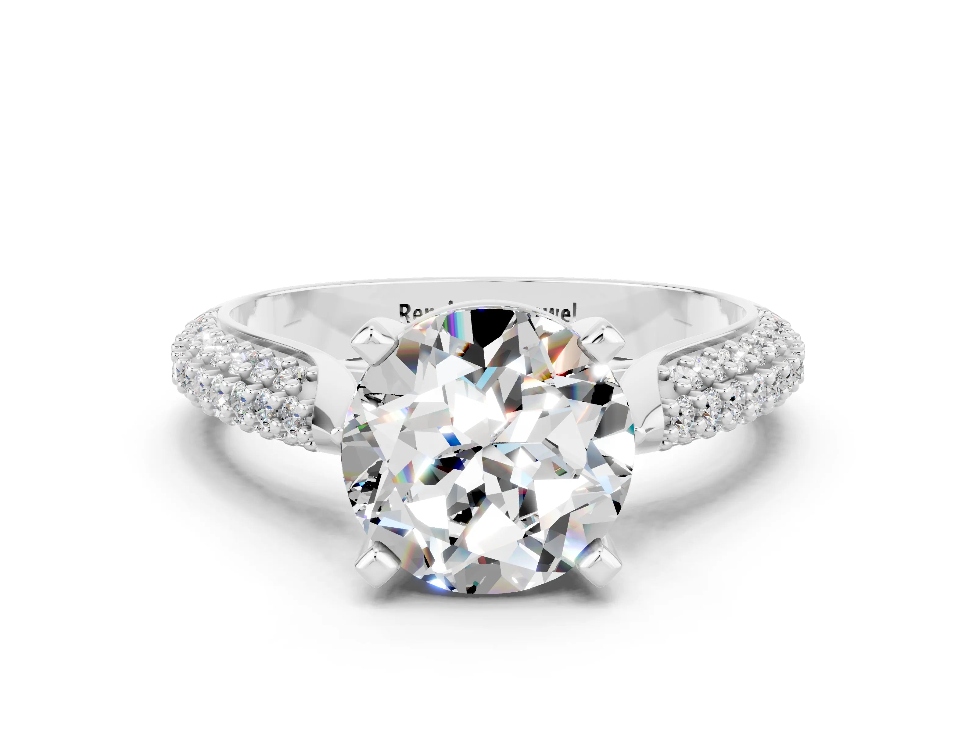 White gold Round Cut Diamond Solitaire Engagement Ring with Pavé Band and Four-Prong Setting