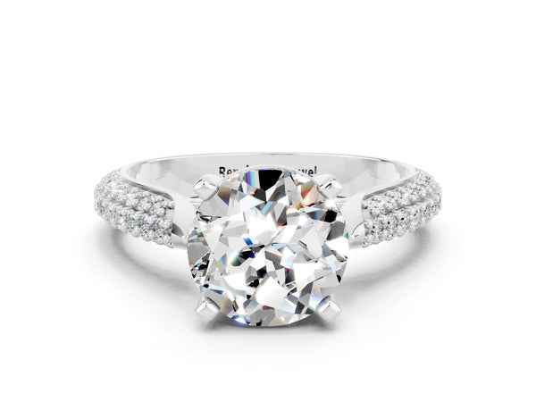Silver Round Cut Moissanite Solitaire Engagement Ring with Multi-Row Round Pavé Band and Prong Setting