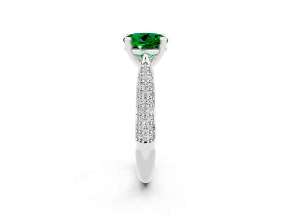 Silver Round Cut Emerald Solitaire Engagement Ring with Multi-Row Round Pavé Band and Prong Setting