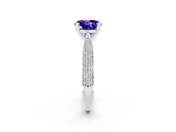 White gold Round Cut Tanzanite Solitaire Engagement Ring with Multi-Row Round Pavé Band and Prong Setting