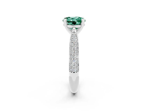 White gold Round Cut Green Sapphire Solitaire Engagement Ring with Multi-Row Round Pavé Band and Prong Setting
