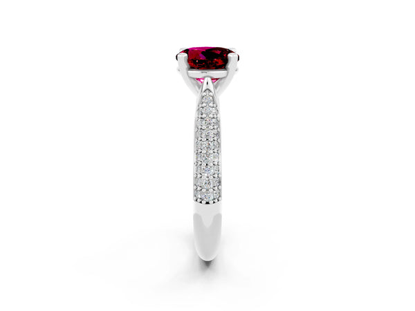 White gold Round Cut Garnet Solitaire Engagement Ring with Multi-Row Round Pavé Band and Prong Setting