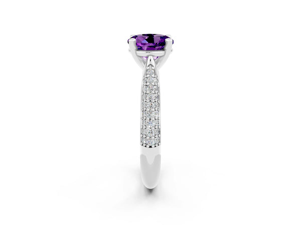 Silver Round Cut Amethyst Solitaire Engagement Ring with Multi-Row Round Pavé Band and Prong Setting