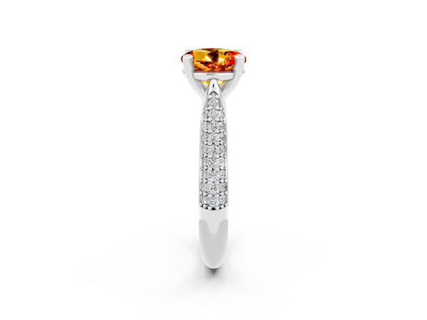 Platinum Round Cut Citrine Solitaire Engagement Ring with Multi-Row Round Pavé Band and Prong Setting