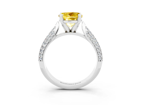 Platinum Round Cut Yellow Sapphire Solitaire Engagement Ring with Multi-Row Round Pavé Band and Prong Setting
