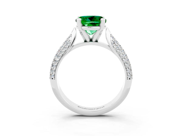 Platinum Round Cut Emerald Solitaire Engagement Ring with Multi-Row Round Pavé Band and Prong Setting