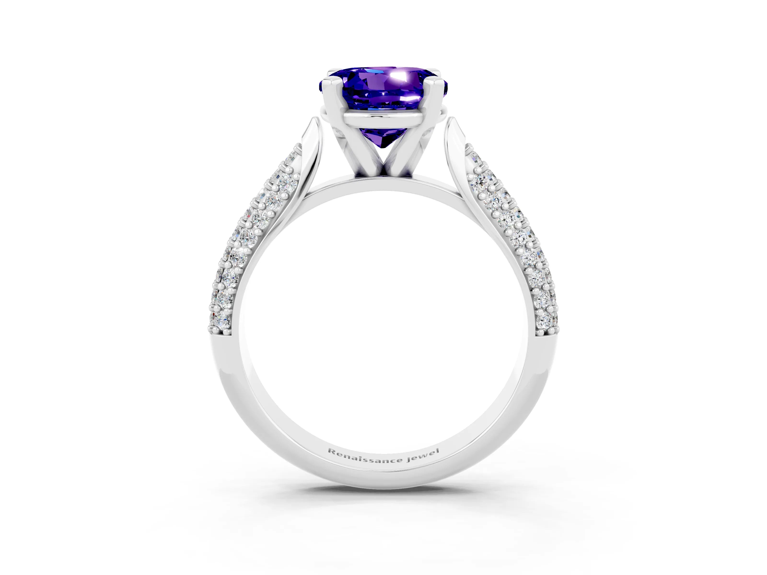 White gold Round Cut Diamond Solitaire Engagement Ring with Pavé Band and Four-Prong Setting_3
