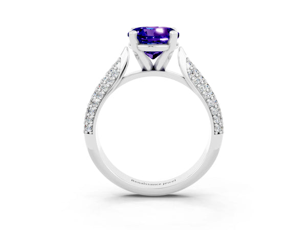 White gold Round Cut Tanzanite Solitaire Engagement Ring with Multi-Row Round Pavé Band and Prong Setting
