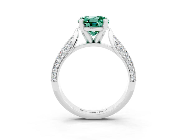 Platinum Round Cut Green Sapphire Solitaire Engagement Ring with Multi-Row Round Pavé Band and Prong Setting