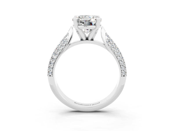 Silver Round Cut Moissanite Solitaire Engagement Ring with Multi-Row Round Pavé Band and Prong Setting