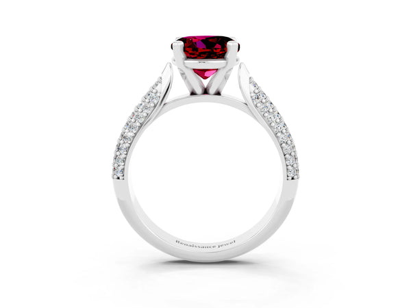 Silver Round Cut Garnet Solitaire Engagement Ring with Multi-Row Round Pavé Band and Prong Setting