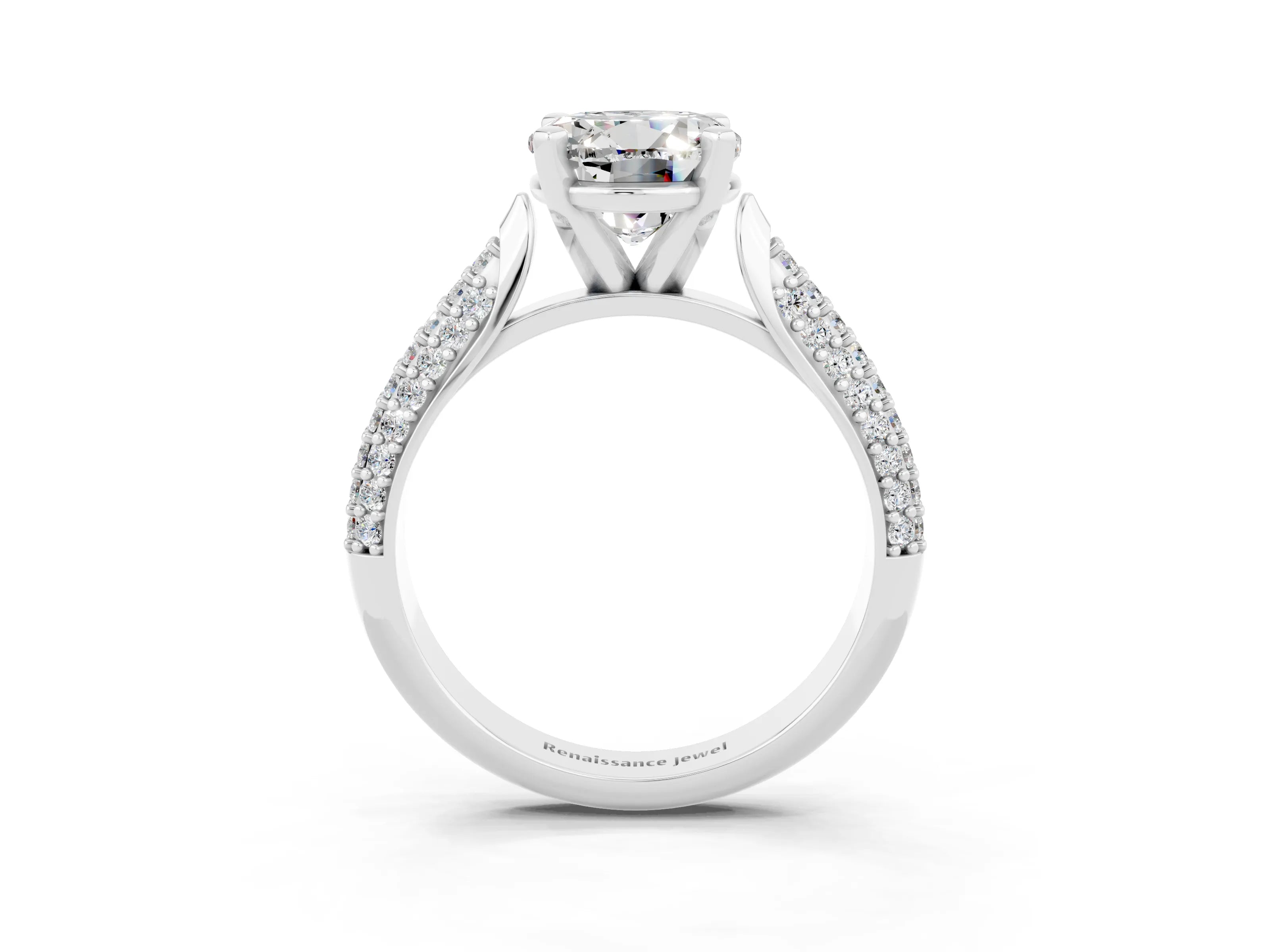 White gold Round Cut Diamond Solitaire Engagement Ring with Pavé Band and Four-Prong Setting_3