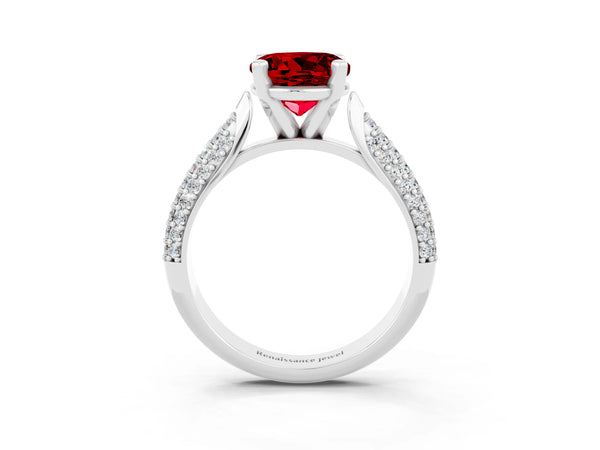 Silver Round Cut Diamond Solitaire Engagement Ring with Pavé Band and Four-Prong Setting