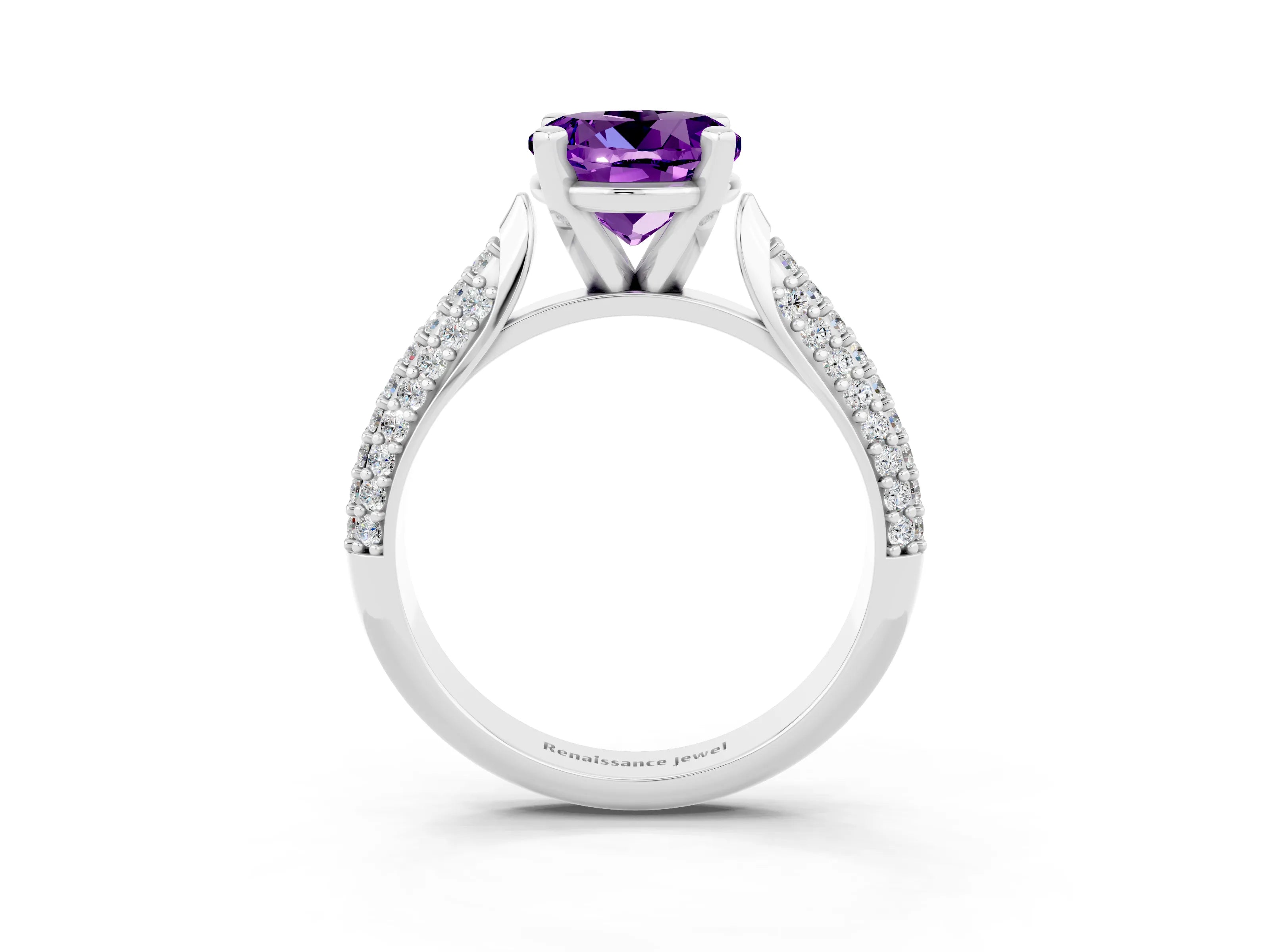 White gold Round Cut Diamond Solitaire Engagement Ring with Pavé Band and Four-Prong Setting_3