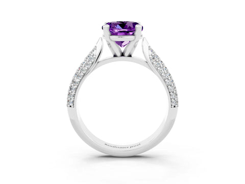 White gold Round Cut Diamond Solitaire Engagement Ring with Pavé Band and Four-Prong Setting_3