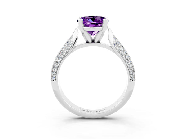 Platinum Round Cut Amethyst Solitaire Engagement Ring with Multi-Row Round Pavé Band and Prong Setting