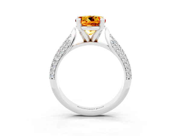 Platinum Round Cut Citrine Solitaire Engagement Ring with Multi-Row Round Pavé Band and Prong Setting