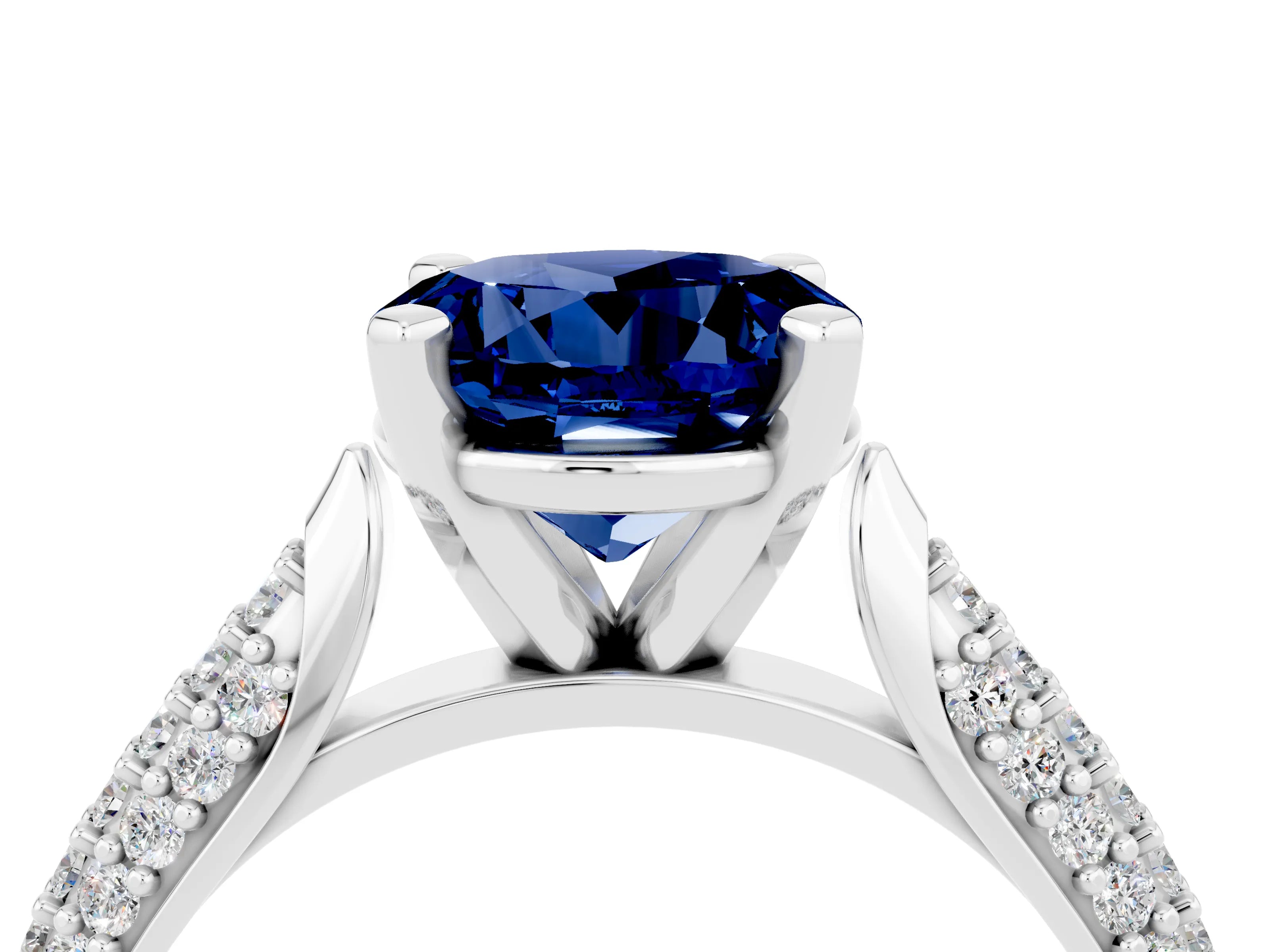 White gold Round Cut Diamond Solitaire Engagement Ring with Pavé Band and Four-Prong Setting_4
