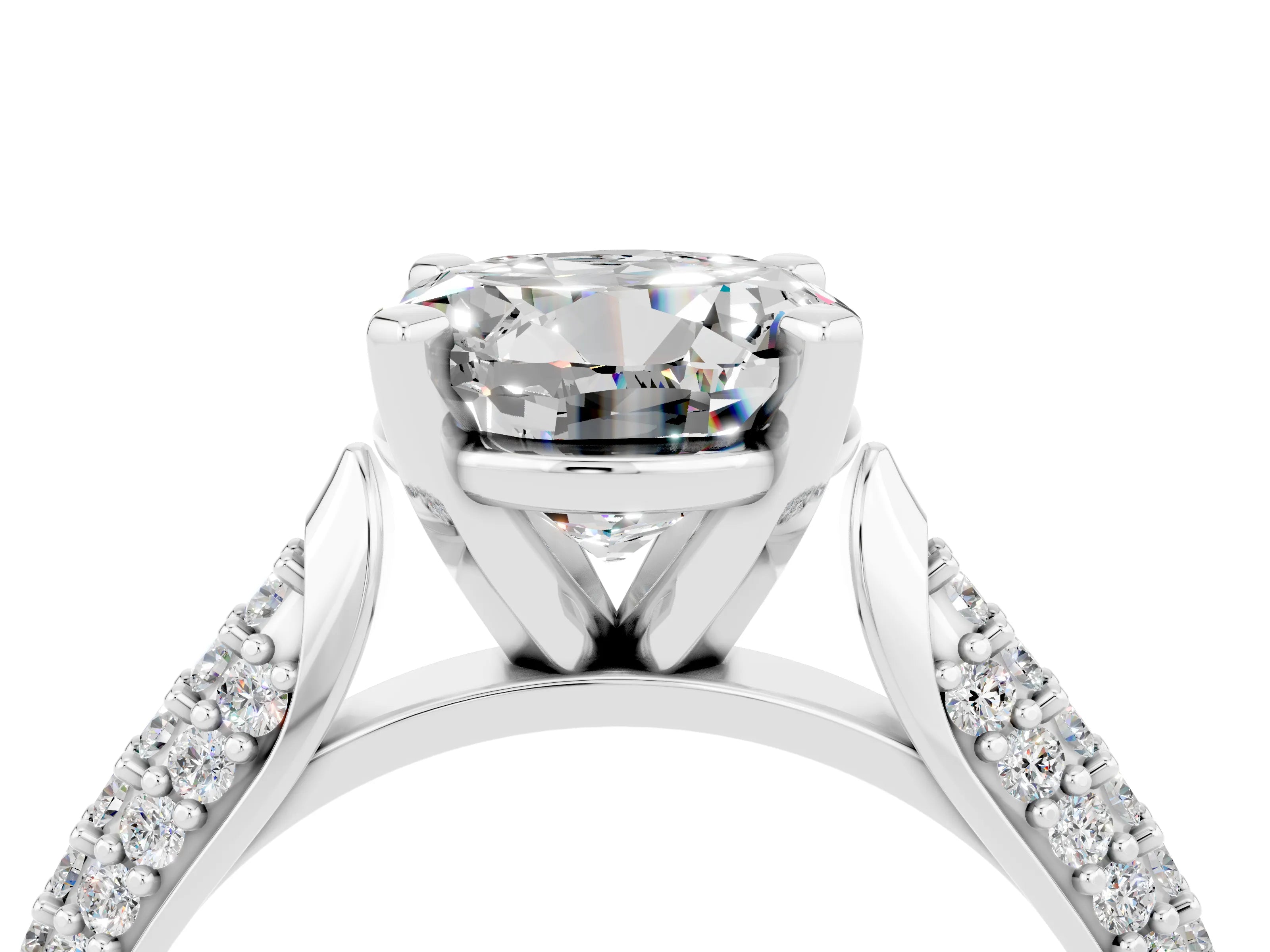 White gold Round Cut Diamond Solitaire Engagement Ring with Pavé Band and Four-Prong Setting_4