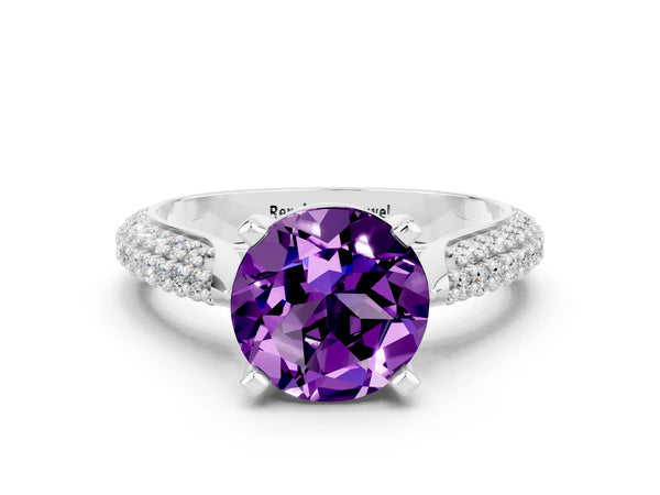 Silver Round Cut Amethyst Solitaire Engagement Ring with Multi-Row Round Pavé Band and Prong Setting