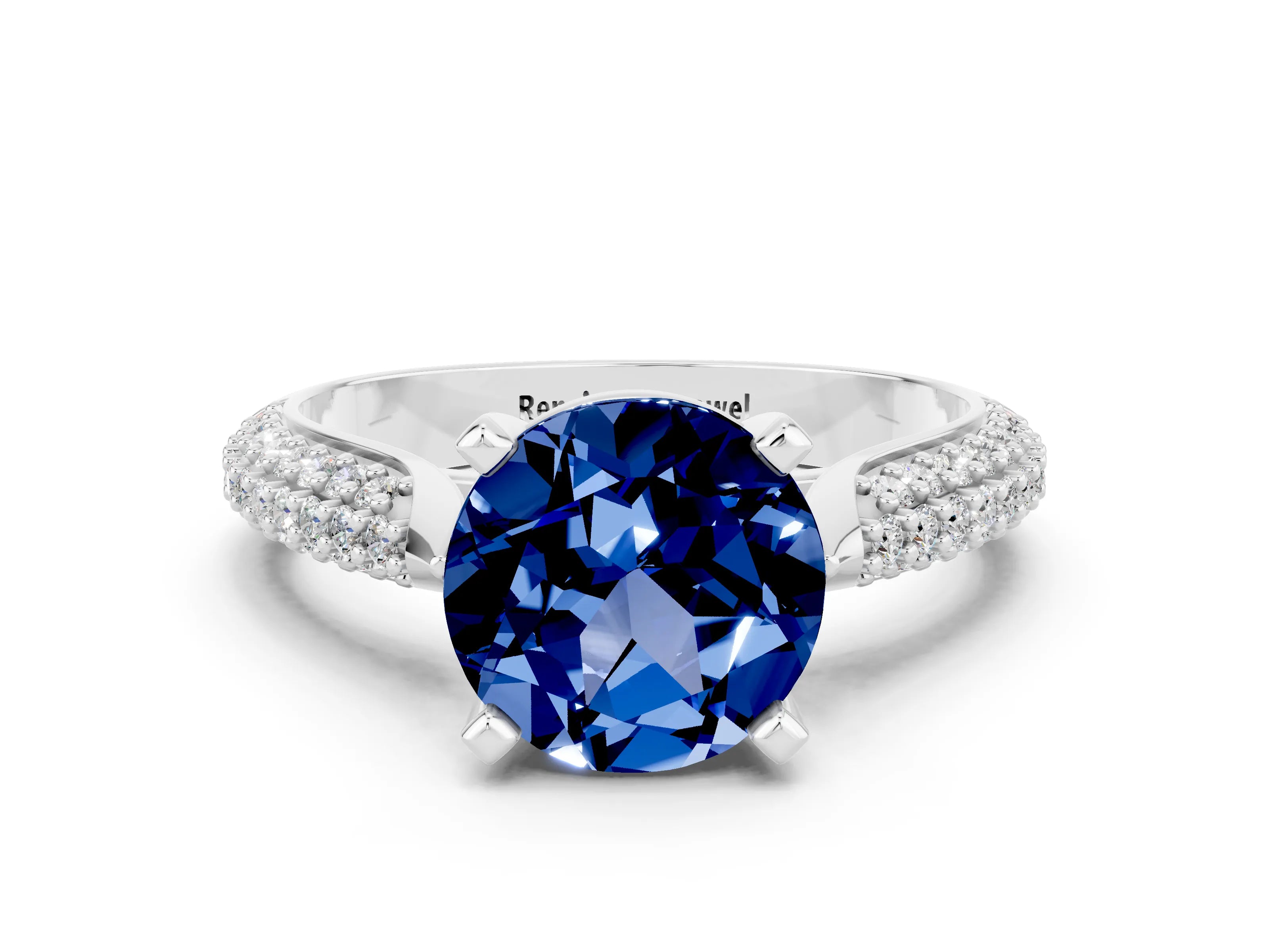 White gold Round Cut Diamond Solitaire Engagement Ring with Pavé Band and Four-Prong Setting