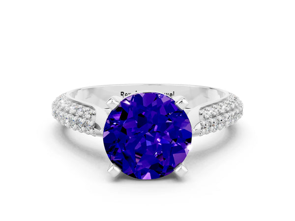 White gold Round Cut Tanzanite Solitaire Engagement Ring with Multi-Row Round Pavé Band and Prong Setting