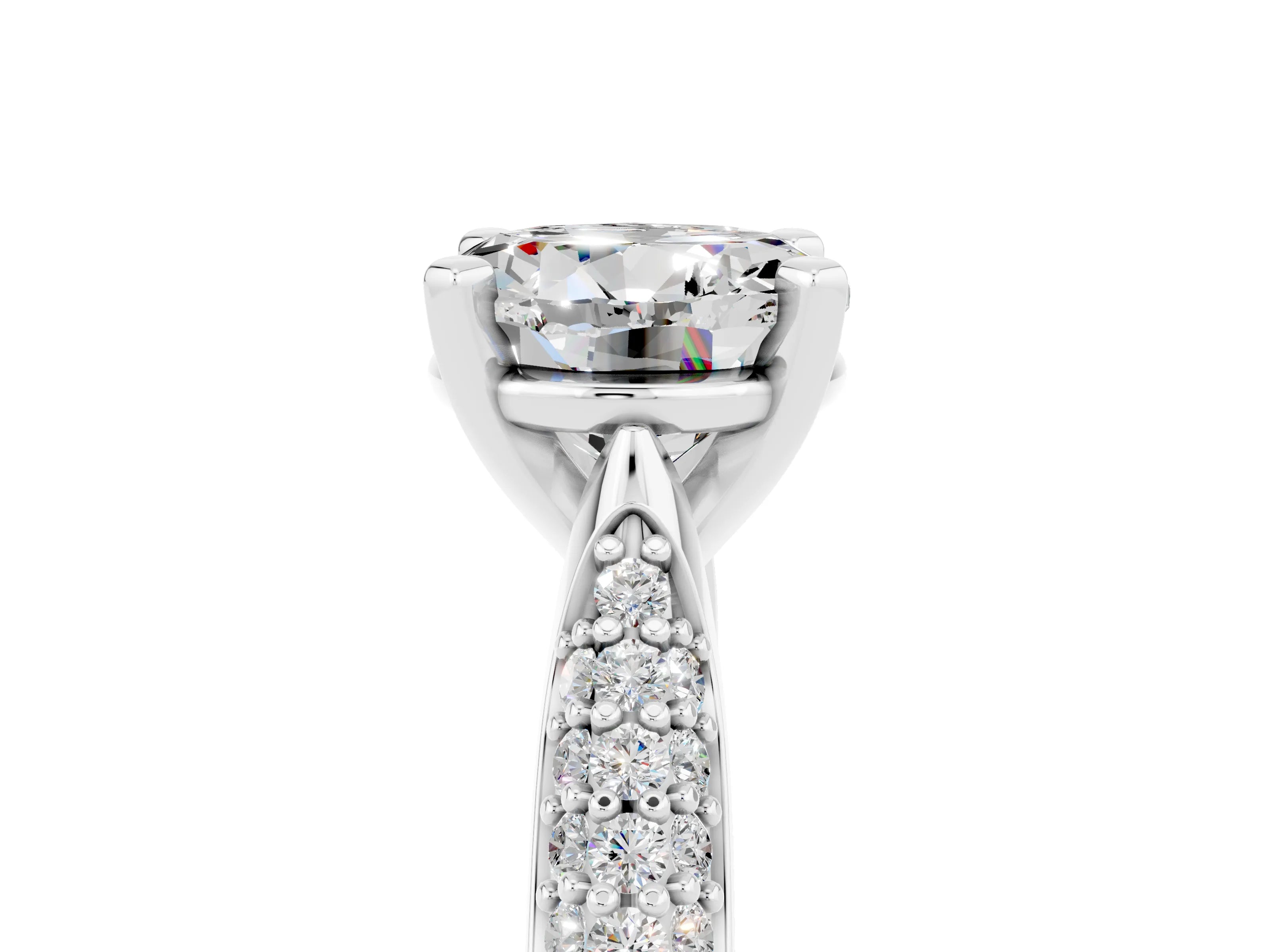 White gold Round Cut Diamond Solitaire Engagement Ring with Pavé Band and Four-Prong Setting_5
