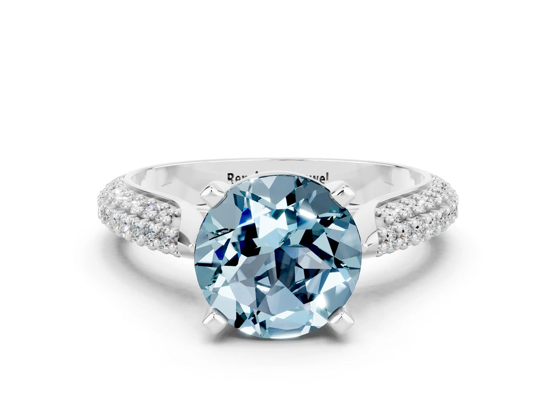 White gold Round Cut Diamond Solitaire Engagement Ring with Pavé Band and Four-Prong Setting